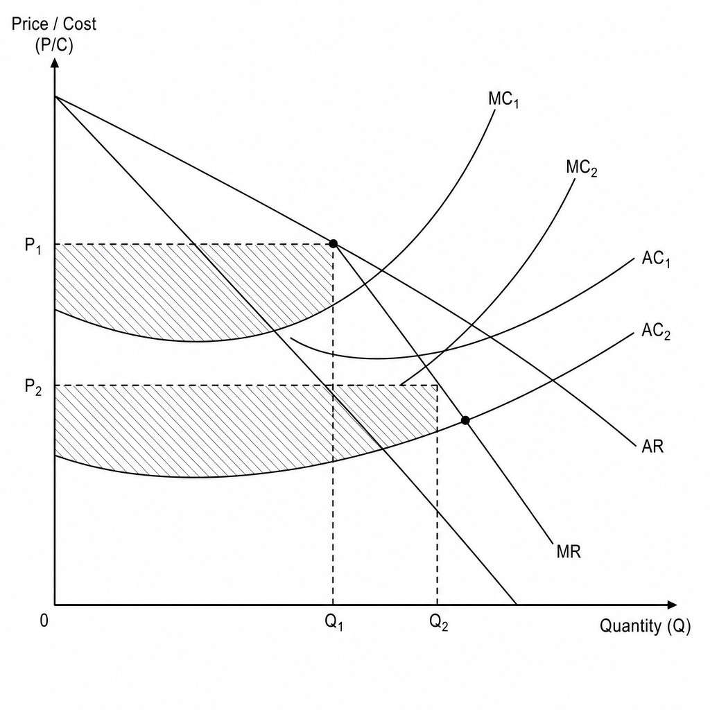 A monopolistic competition diagram showing a downward shift in average and marginal cost curves