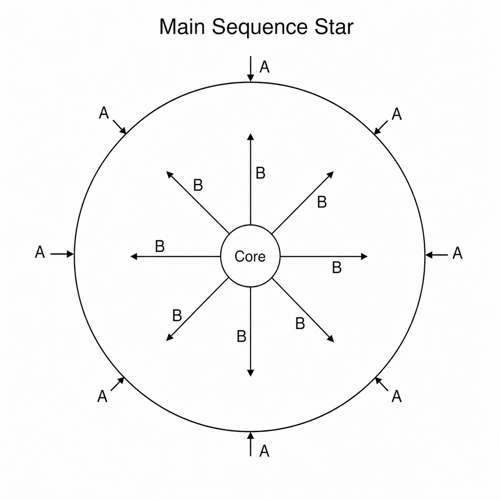 A diagram of a spherical star, labeled 'Main Sequence Star'. There are two sets of arrows: Arrow A points inwards towards the core of the star from all directions around the circumference, and Arrow B points outwards from the core towards the surface. The star is in a stable, balanced state.