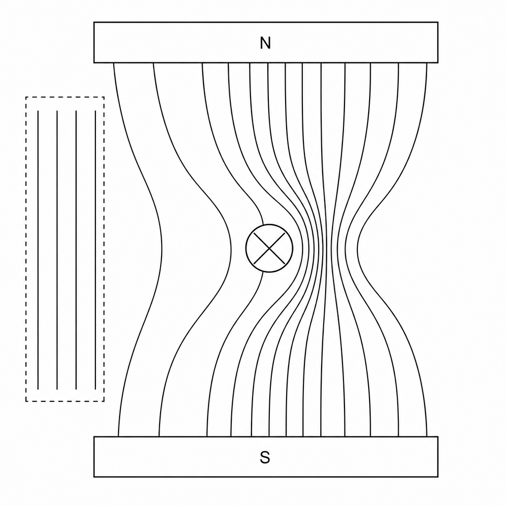 Cross-section of a wire carrying current into the page, marked with an 'X', positioned midway between a top North pole (N pole) and a bottom South pole (S pole).