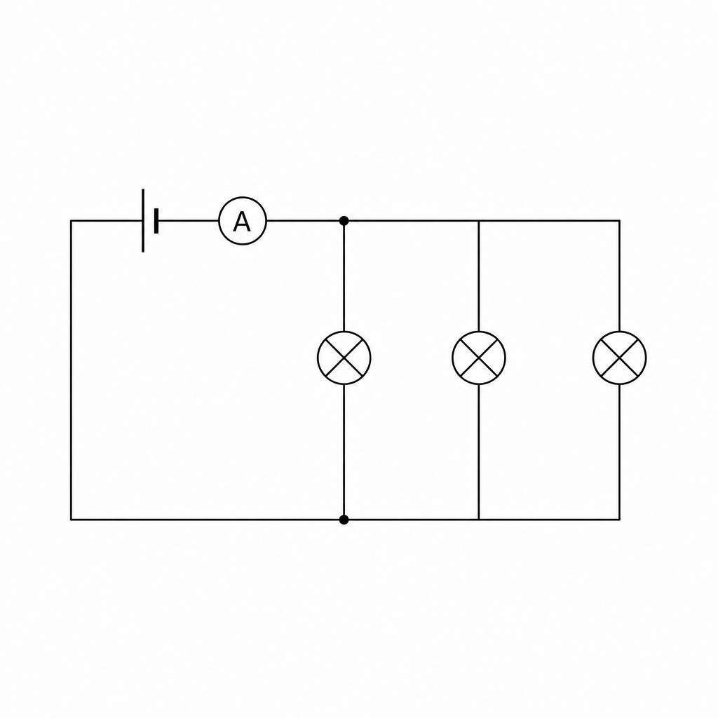 Circuit diagram showing a cell connected in series with an ammeter. The circuit then splits into three parallel branches. Each of the three branches contains a single lamp. The branches recombine before returning to the cell.