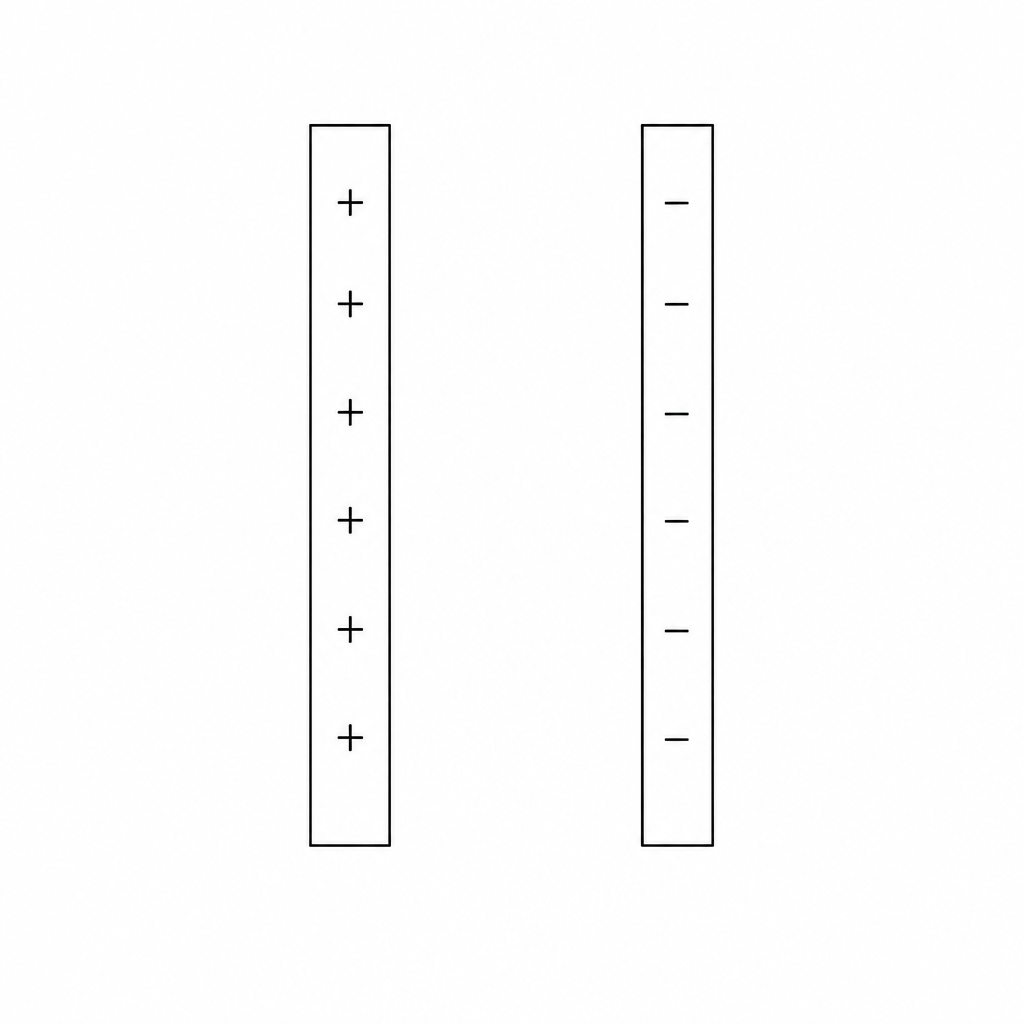 Figure 1 shows two parallel, vertically oriented metal plates separated by a gap. The plate on the left is labeled with several plus (+) symbols representing a positive charge. The plate on the right is labeled with several minus (-) symbols representing a negative charge.