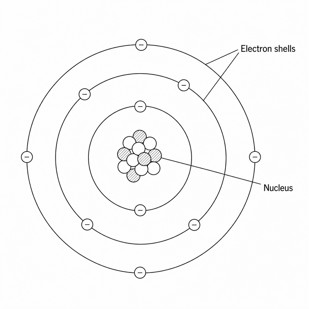 A simplified diagram of an atom showing a tight central cluster of spheres representing the nucleus, labeled 'Nucleus'. Surrounding the nucleus are concentric circular rings representing paths of outer particles, labeled 'Electron shells'.