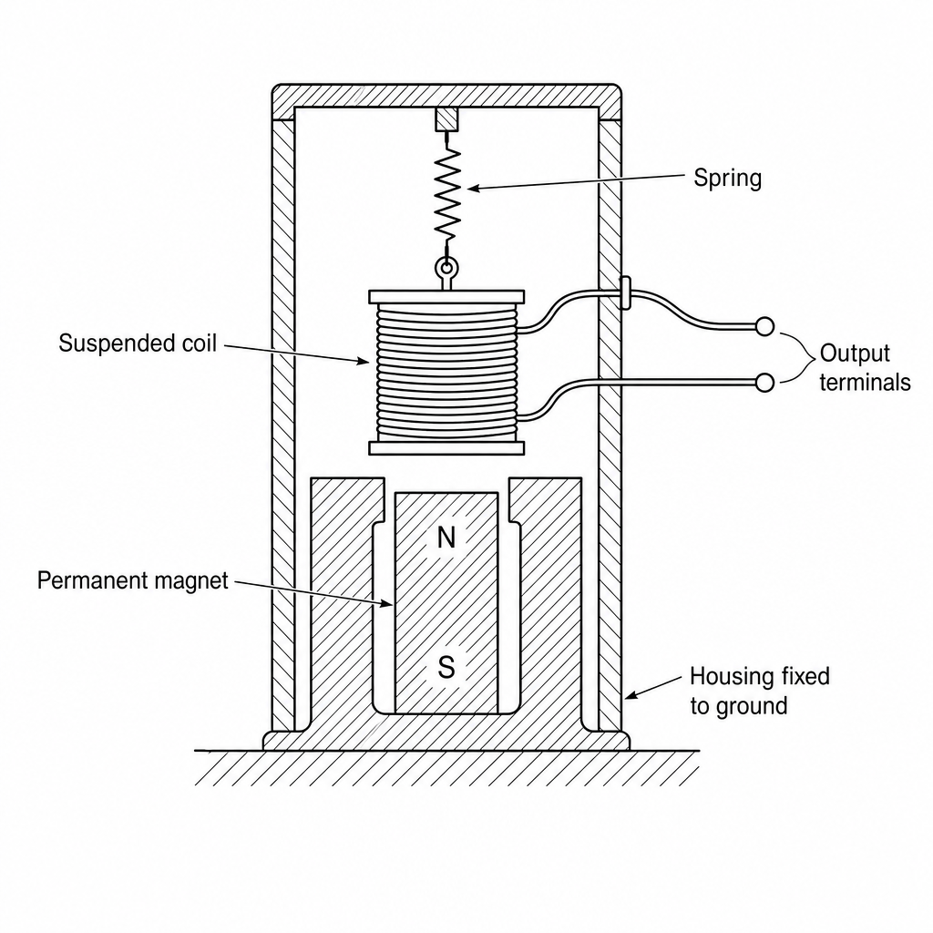 A vertical seismic geophone with suspended coil, permanent magnet, spring, and housing fixed to the ground.