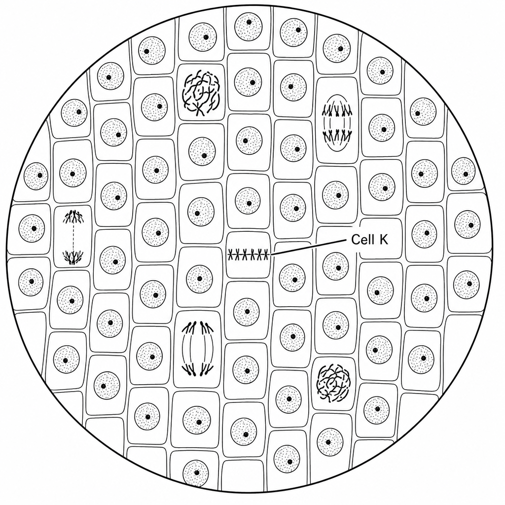 A circular microscope field of view of garlic root tip cells.