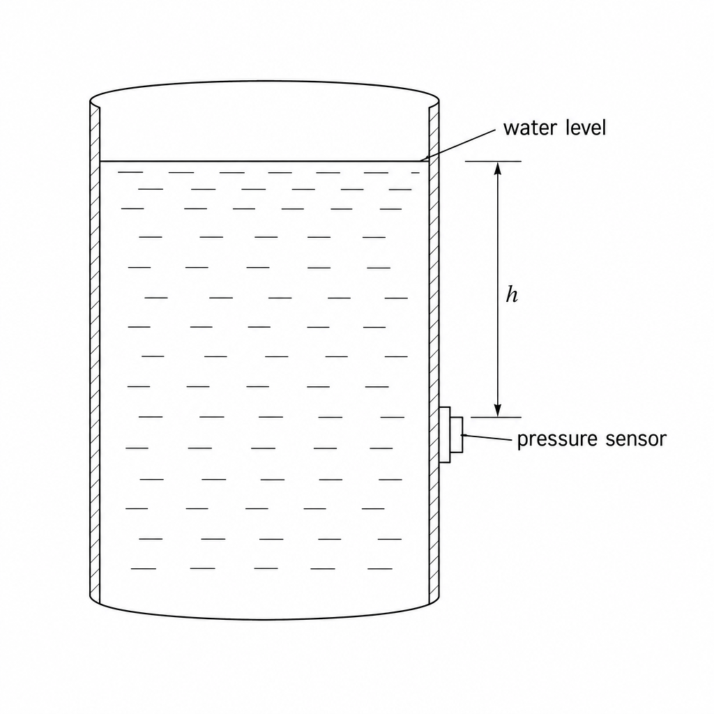 A diagram showing a cylindrical reservoir filled with water. A pressure sensor is mounted on the wall at a depth, h, below the surface of the water. A vertical double-headed arrow indicates the distance h from the water level down to the level of the sensor.