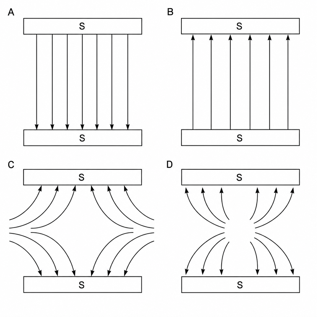 Four diagrams labeled A, B, C, and D, each showing two parallel bar magnet pole faces labeled 'S' (top) and 'S' (bottom). Diagram A shows nine vertical parallel field lines running straight from the top S pole to the bottom S pole, with arrows pointing downwards. Diagram B shows nine vertical parallel field lines running straight from the bottom S pole to the top S pole, with arrows pointing upwards. Diagram C shows several curved lines bending away from each other, leaving a gap in the center between the two poles, with arrows on all these lines pointing inwards towards the S poles. Diagram D shows several curved lines bending away from each other, leaving a gap in the center between the two poles, with arrows on all these lines pointing outwards away from the S poles.