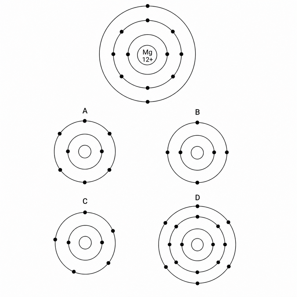 Magnesium atom electronic configuration and multiple-choice options A, B, C, and D for an oxygen atom
