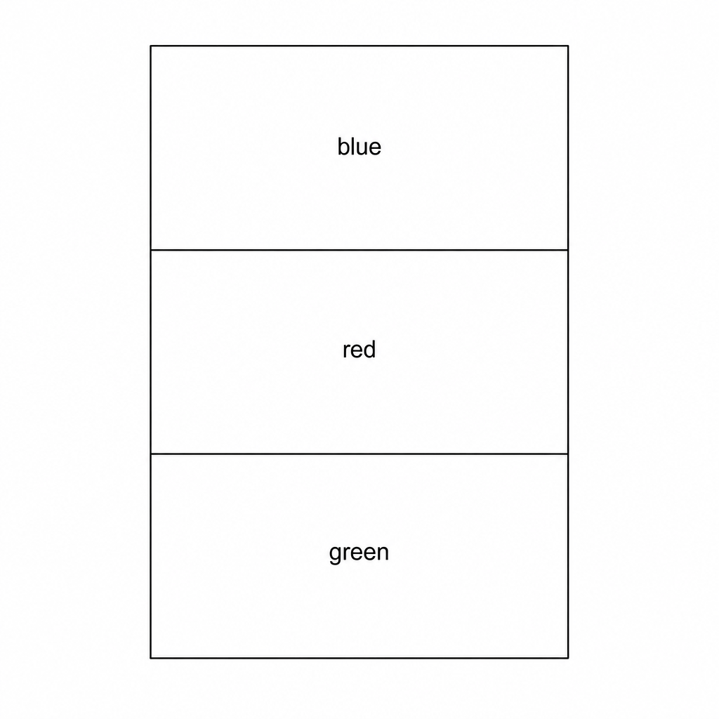 Figure 1 shows a vertical rectangular board containing three horizontal stripes under white light. From top to bottom, the stripes are labeled 'blue', 'red', and 'green'.