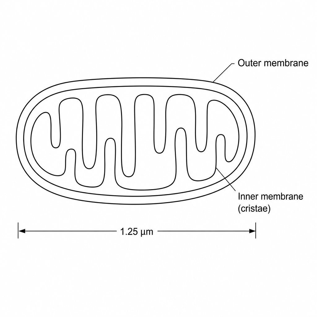 Mitochondrion diagram with actual length of 1.25 micrometres