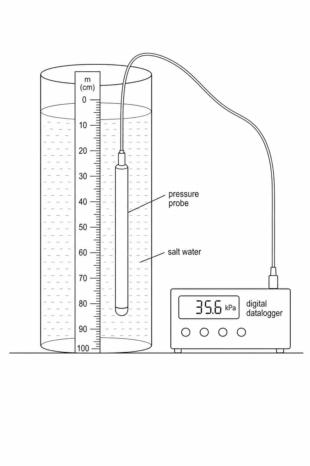 A tall cylinder containing salt water with a vertical meter ruler. A pressure probe connected to a digital datalogger is held at a specific depth in the solution.
