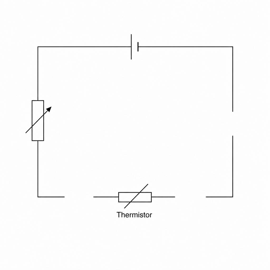 Figure 1: An incomplete schematic circuit diagram with a cell, a variable resistor, a thermistor, and gaps in the wire.