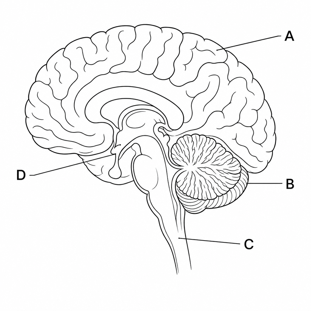 A sagittal section diagram of the human brain showing its internal structures. Four regions are labeled with letters: Label A points to the highly folded outer region (cerebral cortex); Label B points to the structure at the lower back of the brain with parallel folds (cerebellum); Label C points to the brainstem structure (medulla); Label D points to the small bulb-like protrusion at the base of the brain (pituitary gland).