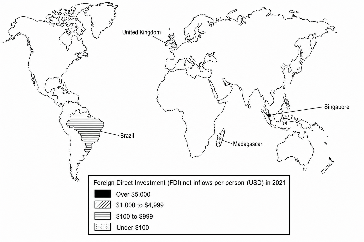 Figure 9a: A world map showing Foreign Direct Investment (FDI) net inflows per person in 2021.