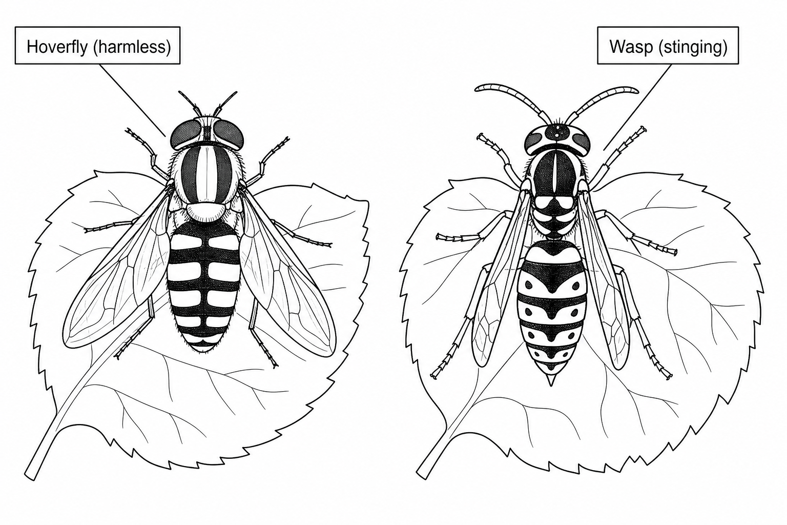 Figure 1: Comparison of a harmless hoverfly and a stinging wasp