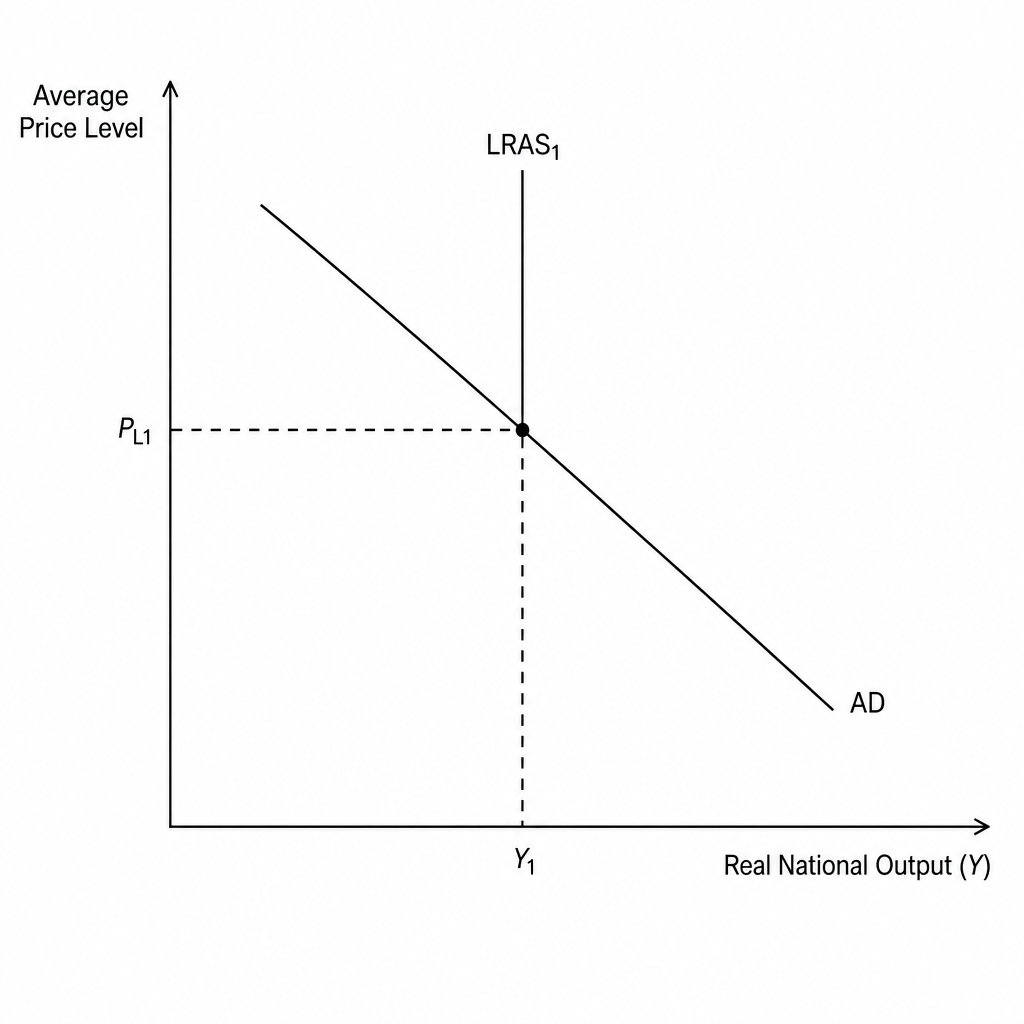 An initial macroeconomic equilibrium diagram with the Average Price Level on the vertical axis and Real National Output (Y) on the horizontal axis. A downward-sloping AD curve intersects a vertical Long-Run Aggregate Supply curve (LRAS1) at an initial price level of PL1 and equilibrium real national output of Y1.