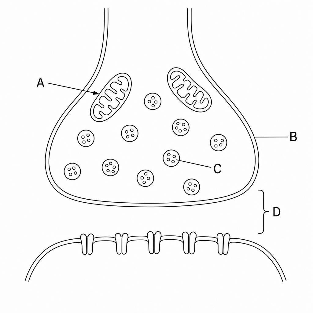 Detailed schematic diagram of a cholinergic synapse showing a presynaptic terminal bulb positioned above a postsynaptic membrane. Label A points to a mitochondrion inside the presynaptic bulb. Label B points to the presynaptic membrane boundary. Label C points to one of several neurotransmitter-containing vesicles in the bulb. Label D brackets the synaptic cleft between the two membranes.