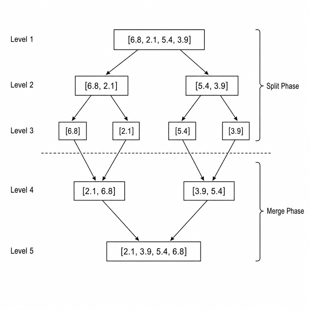 A diagram showing the split and merge phases of the merge sort algorithm for the values 6.8, 2.1, 5.4, and 3.9