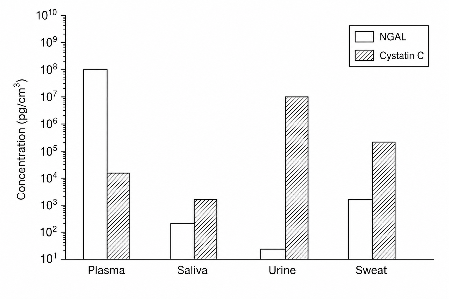 A bar graph showing the concentration of two biomarkers, NGAL and Cystatin C, in different body fluids: plasma, saliva, urine, and sweat. The y-axis is on a logarithmic scale showing concentration in pg/cm³, ranging from 10^1 to 10^10 in steps of powers of 10. For each fluid, there are two bars: a white bar for NGAL and a shaded bar for Cystatin C. In plasma: NGAL is at 10^8, Cystatin C is at 10^4. In saliva: NGAL is at 10^2, Cystatin C is at 10^3. In urine: NGAL is at 10^1, Cystatin C is at 10^7. In sweat: NGAL is at 10^3, Cystatin C is at 10^5.