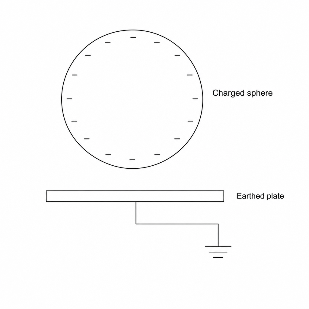 A diagram showing a large metal sphere labeled 'Charged sphere' with negative signs (-) distributed on its surface. Below this sphere is a flat horizontal metal plate labeled 'Earthed plate'. The plate is connected by a wire to a standard three-bar electrical earth symbol.