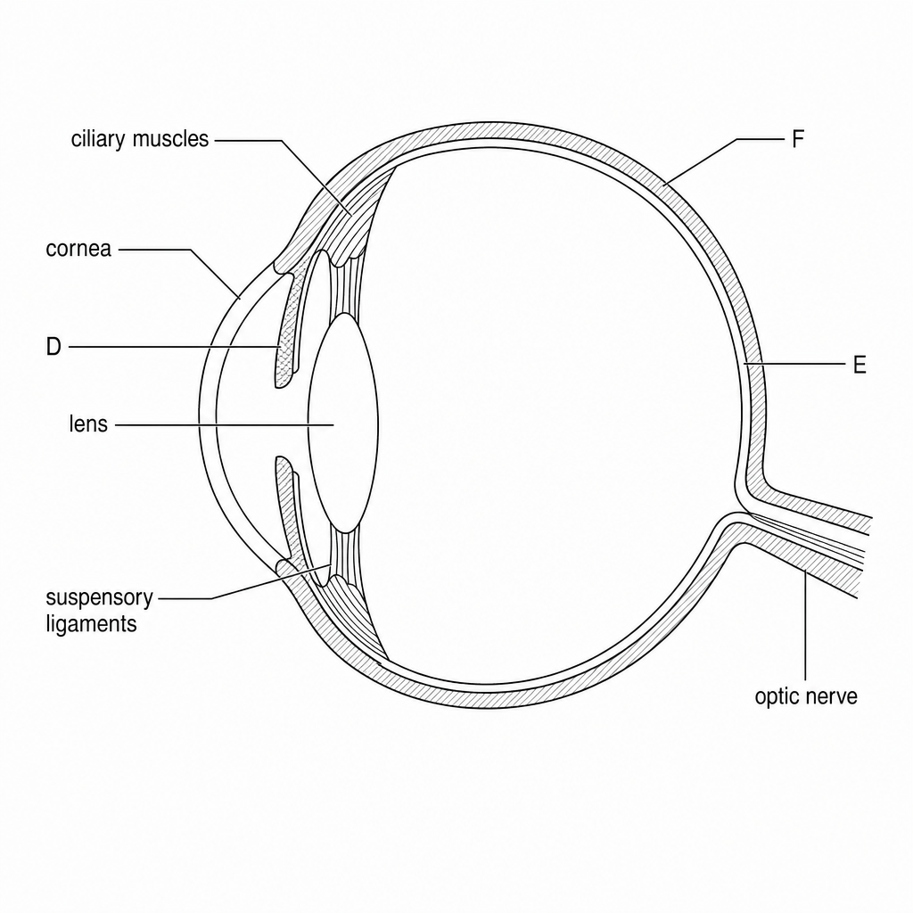 A detailed cross-section diagram of the human eye. The cornea, lens, ciliary muscles, suspensory ligaments, and optic nerve are labeled with text. Pointer line D points to the iris, pointer line E points to the retina, and pointer line F points to the outer sclera layer.
