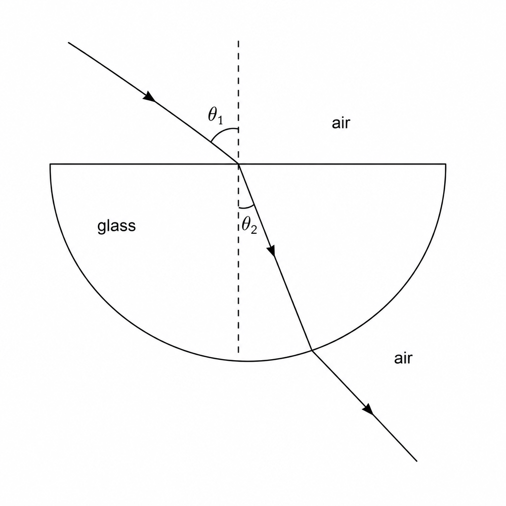 A ray of light travelling from air into a semicircular glass block.
