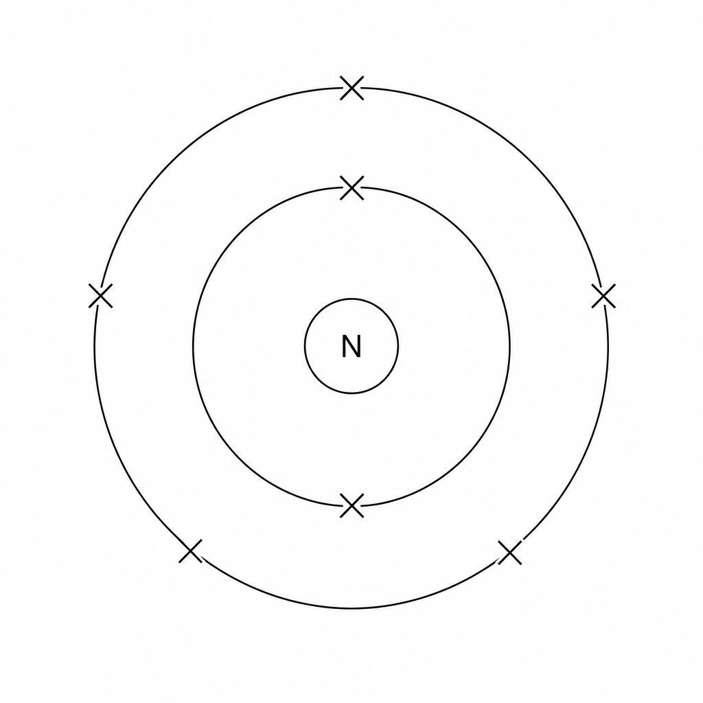 An electron configuration diagram of a nitrogen atom.
