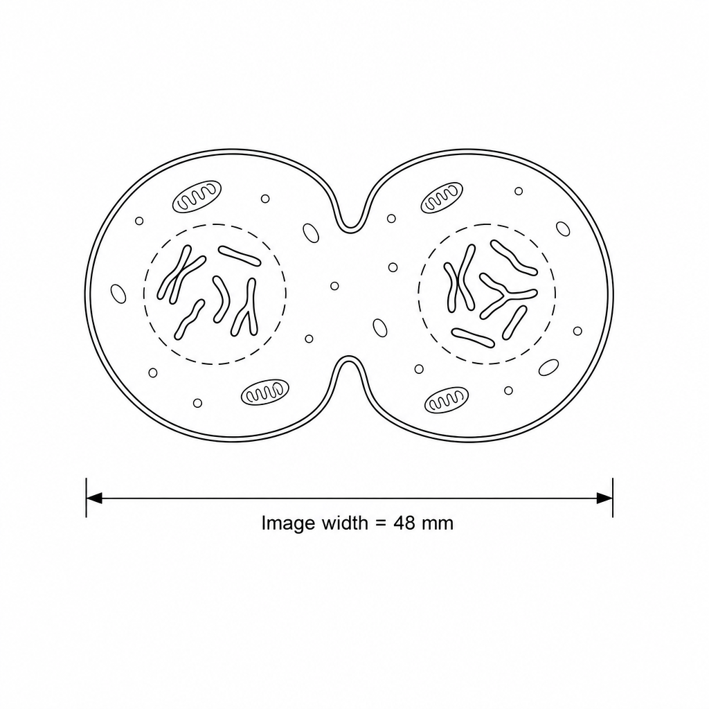 A high-magnification microscope image of an animal cell. The circular cell has a scale or line indicating a measured image width of 48 mm.
