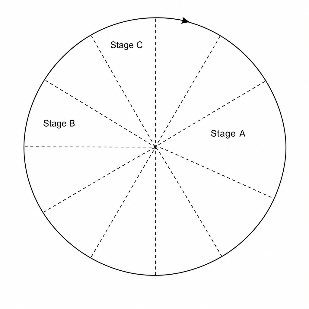 A circular pie chart representing a cell cycle, starting at the 12 o'clock position with an arrow pointing clockwise. The circle is divided into 12 equal sectors by dashed radial lines. Stage A is a light-coloured region that spans clockwise from 12 o'clock to 9 o'clock (covering 9 sectors). Stage B is a medium-shaded region that spans clockwise from 9 o'clock to 11 o'clock (covering 2 sectors). Stage C is a dark-shaded region that spans from 11 o'clock back to 12 o'clock (covering 1 sector).
