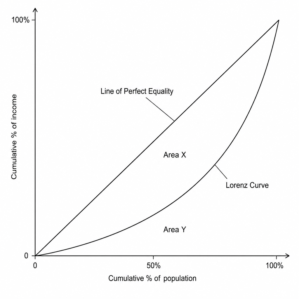 A Lorenz curve diagram showing cumulative % of households on the horizontal axis from 0 to 100% and cumulative % of income on the vertical axis from 0 to 100%. A straight diagonal line at a 45-degree angle represents the Line of Perfect Equality. An upward-sloping, convex curve below it represents the Lorenz curve. The region between the 45-degree line and the Lorenz curve is shaded and labelled Area X. The region beneath the Lorenz curve to the bottom-right of the graph is labelled Area Y.