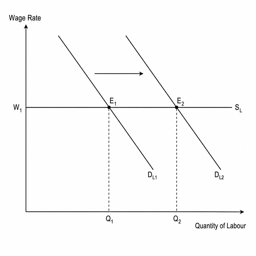 Labour market diagram with horizontal supply and shifting demand