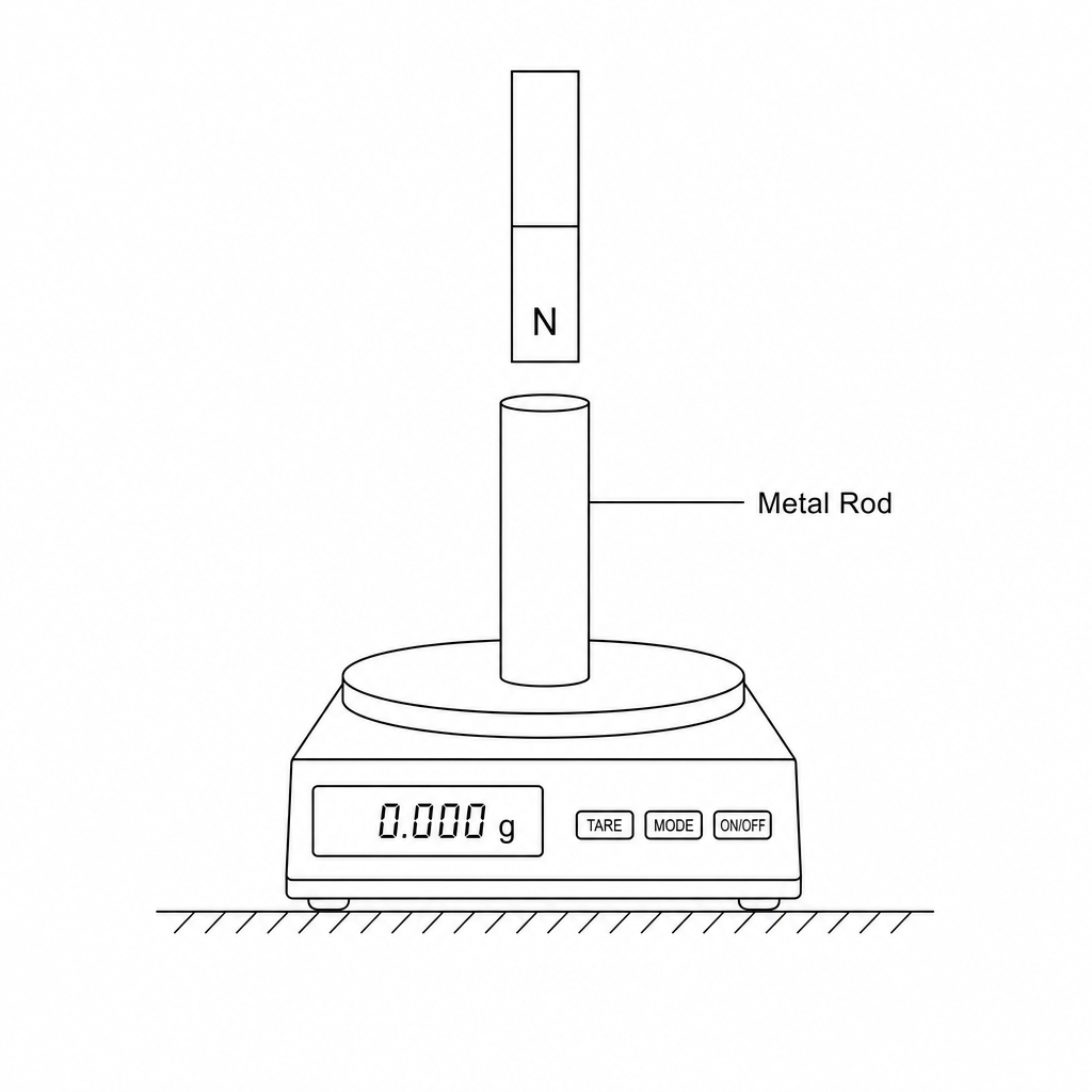 Experimental setup with electronic balance, metal rod, and bar magnet
