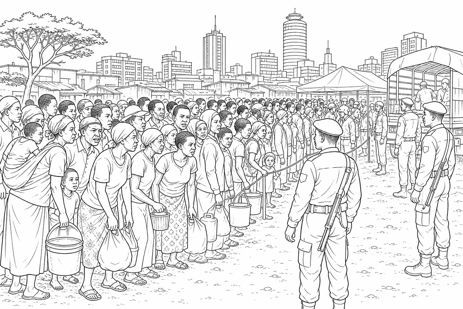 Figure 1b: Large crowds queueing for emergency food aid in Nairobi, Kenya, with visible tension and security personnel managing the restless protest-like gathering.