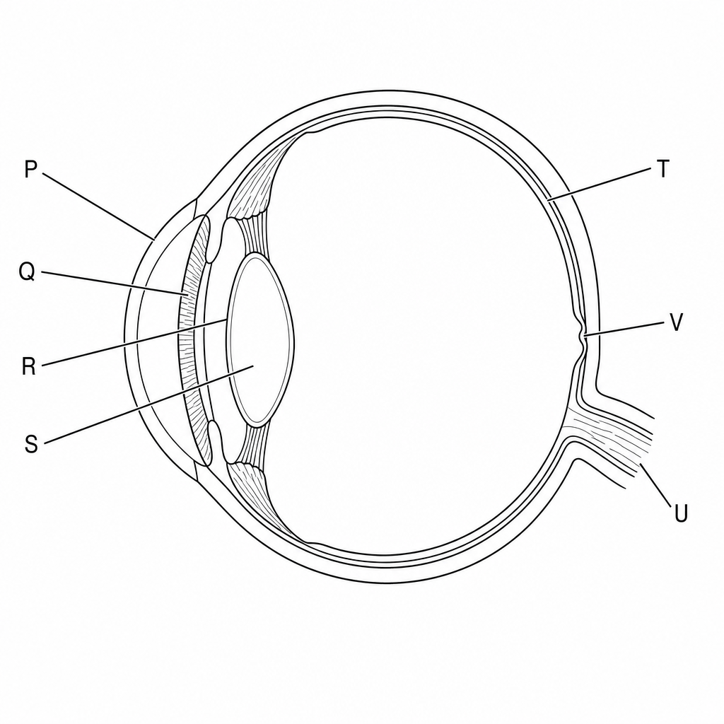 A cross-section diagram of the human eye showing structures labelled P to V.