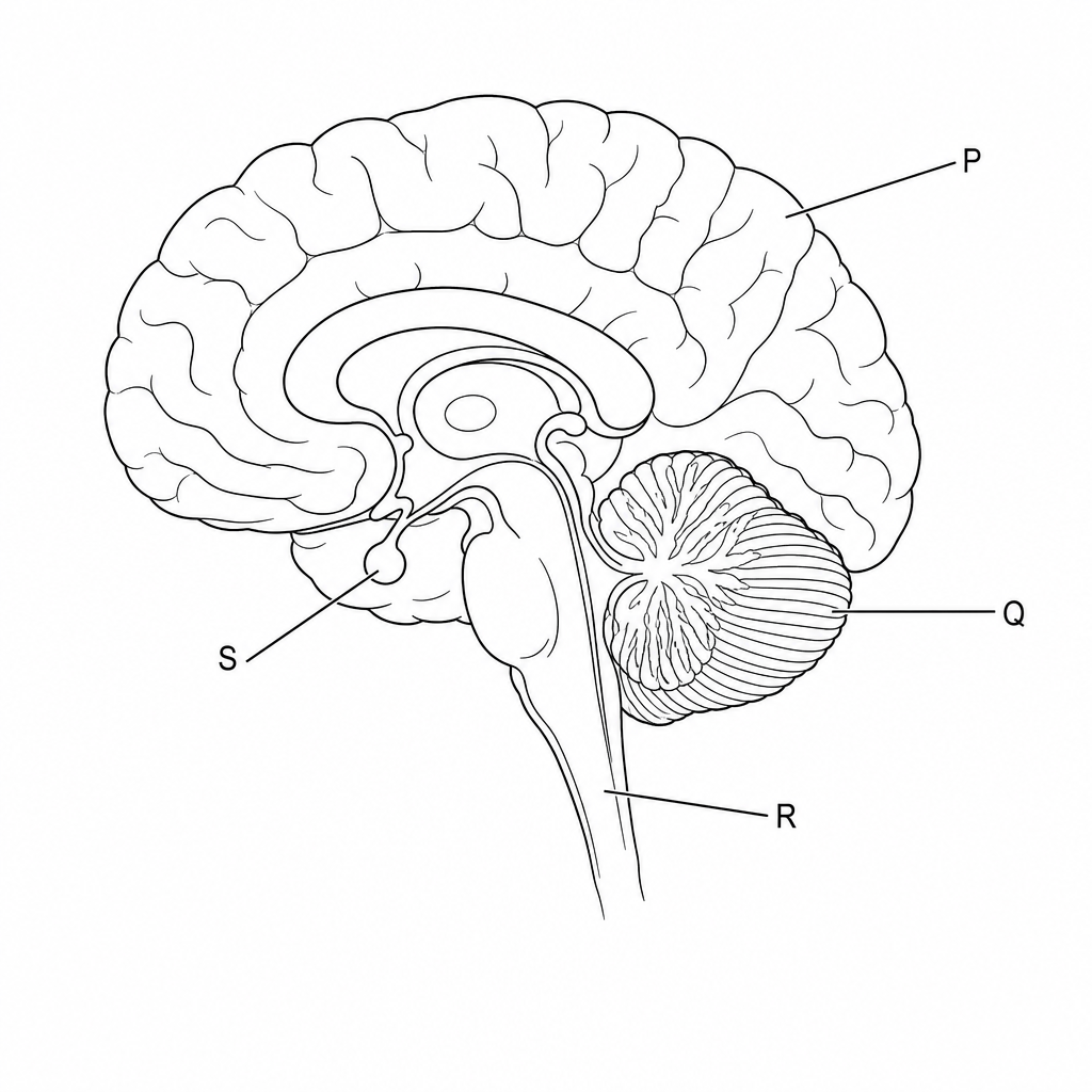 A sagittal section diagram of the human brain showing its internal structures. Four regions are labeled with letters: Label P points to the highly folded outer region (cerebral cortex); Label Q points to the structure at the lower back of the brain with parallel folds (cerebellum); Label R points to the brainstem structure (medulla); Label S points to the small bulb-like protrusion at the base of the brain (pituitary gland).