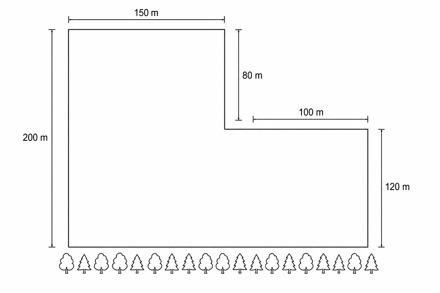 An L-shaped field. The leftmost vertical boundary is 200 m. The top-most horizontal boundary is 150 m. From the right end of the top boundary, the edge goes down vertically, then turns right horizontally for 100 m, and finally goes down vertically for 120 m to reach the bottom boundary. This forms a larger left rectangular section of 150 m by 200 m, and a smaller right rectangular section of 100 m by 120 m. Woodland is shown along the bottom edge of the field.