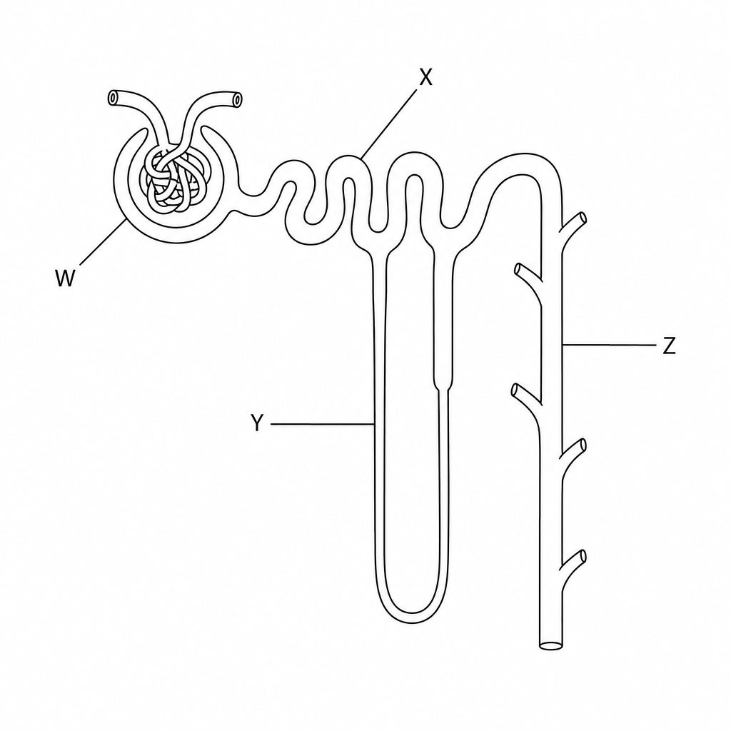 A diagram of a kidney nephron. Label W points to the glomerulus, which is a network of capillaries contained within the Bowman's capsule. Label X points to the proximal convoluted tubule, which is the coiled tube leading immediately from the Bowman's capsule. Label Y points to the hairpin-like Loop of Henle. Label Z points to the long collecting duct that receives fluid from multiple nephrons.