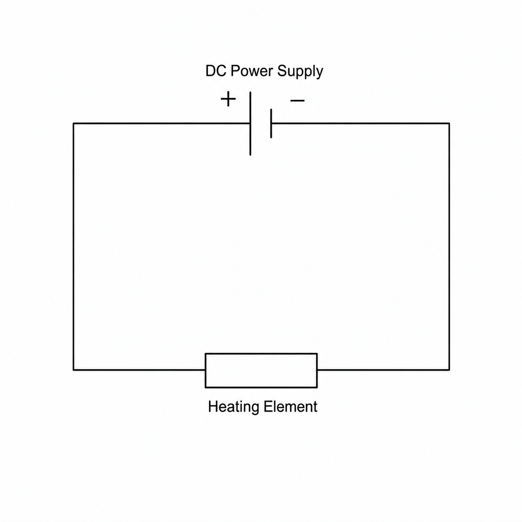 Figure 3: A simple circuit diagram consisting of a single closed loop. At the top is a d.c. power supply, and at the bottom is a rectangular box representing a heating element.
