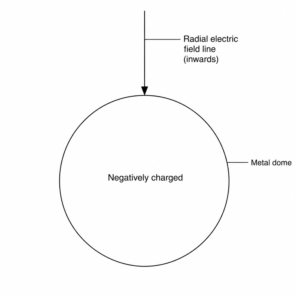 A sphere representing a negatively charged metal dome with one radial arrow pointing inwards.
