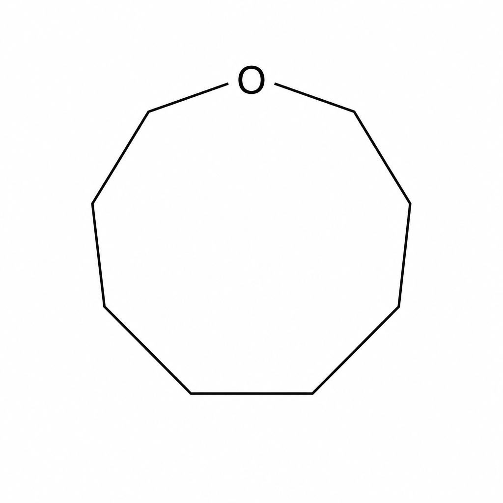 Skeletal representation of Isomer L, which is oxonane: a nine-membered cyclic ring consisting of one oxygen atom and eight carbon atoms. Because it possesses a plane of symmetry, only four peaks are visible in its 13C NMR spectrum.