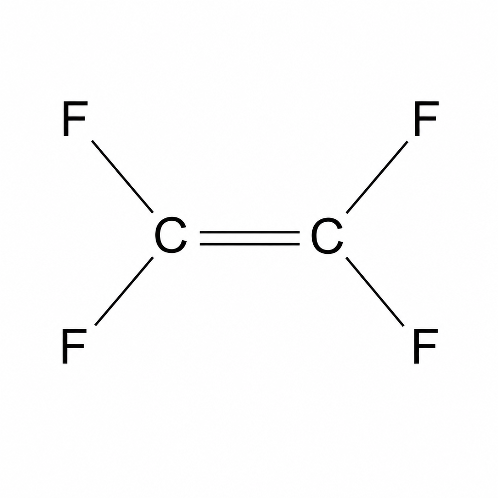 Figure 1: Displays a structural formula of a tetrafluoroethene molecule. It features a central carbon-to-carbon double bond, written as C=C. Each of the two carbon atoms is also single-bonded to two fluorine atoms (F), resulting in four C-F single bonds stretching outwards.