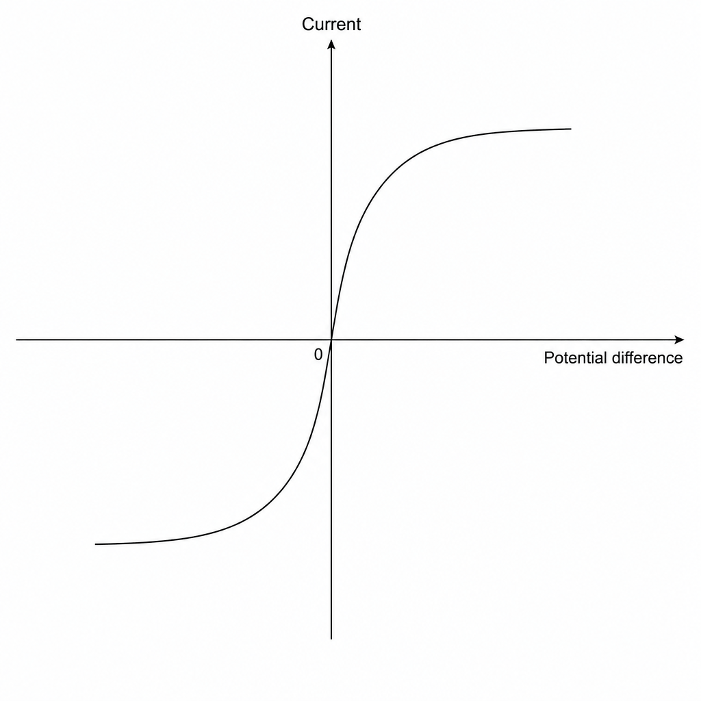A graph of current against potential difference. The y-axis is labeled Current and the x-axis is labeled Potential difference.