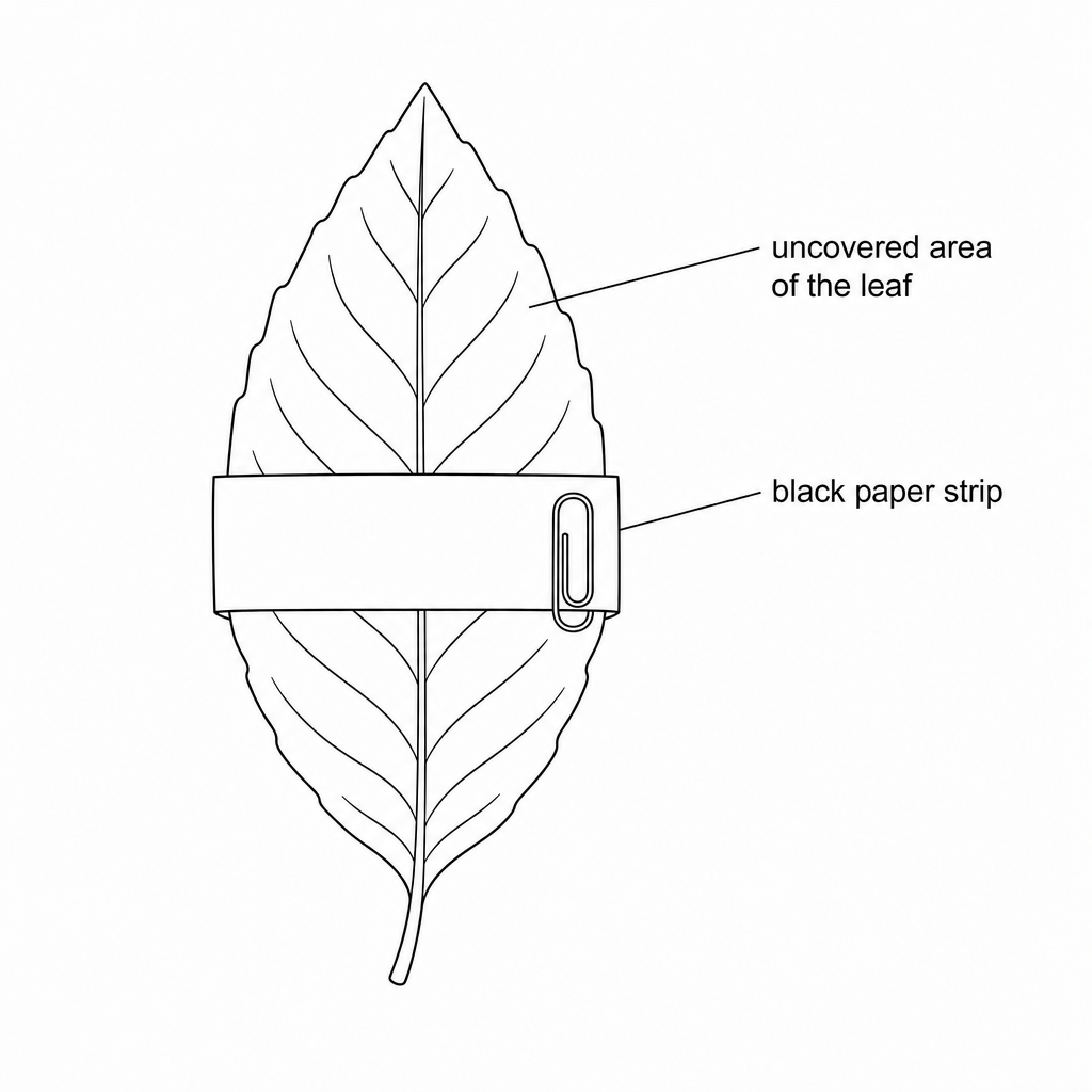 Experimental setup showing a leaf with a black paper strip