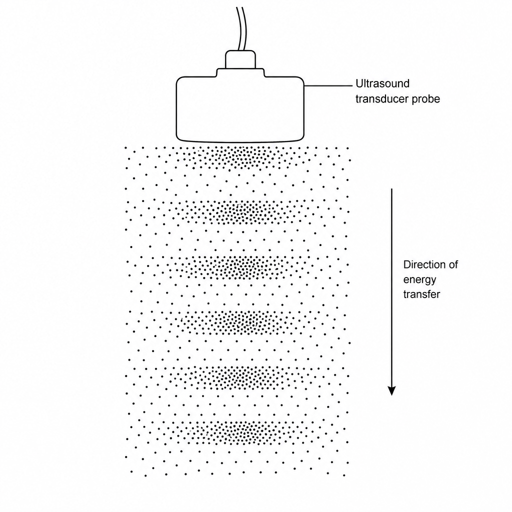 An ultrasound transducer probe emitting a longitudinal wave downwards.