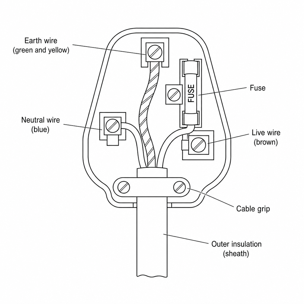 A detailed diagram of a standard UK three-pin plug with the top cover removed, showing the internal wiring. The green and yellow striped earth wire is connected to the top terminal. The blue neutral wire is connected to the left terminal. The brown live wire is connected via a cartridge fuse to the right terminal. A cable grip at the bottom secures the outer plastic sheath of the main cable. The outer casing of the plug is made of non-conducting plastic.