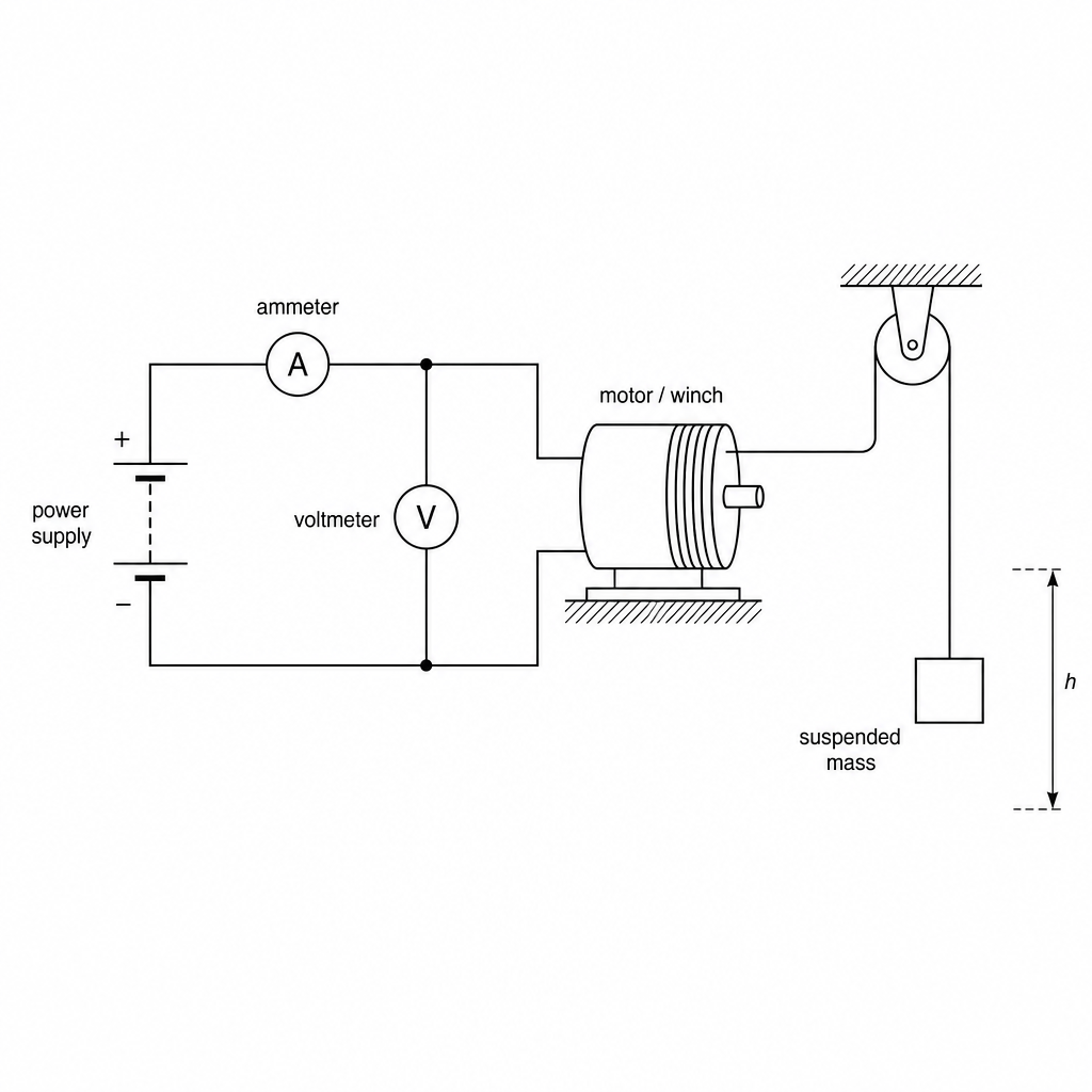 An electric winch lifting a suspended mass. The winch motor is connected in series with an ammeter and a DC power supply. A voltmeter is connected in parallel across the motor.