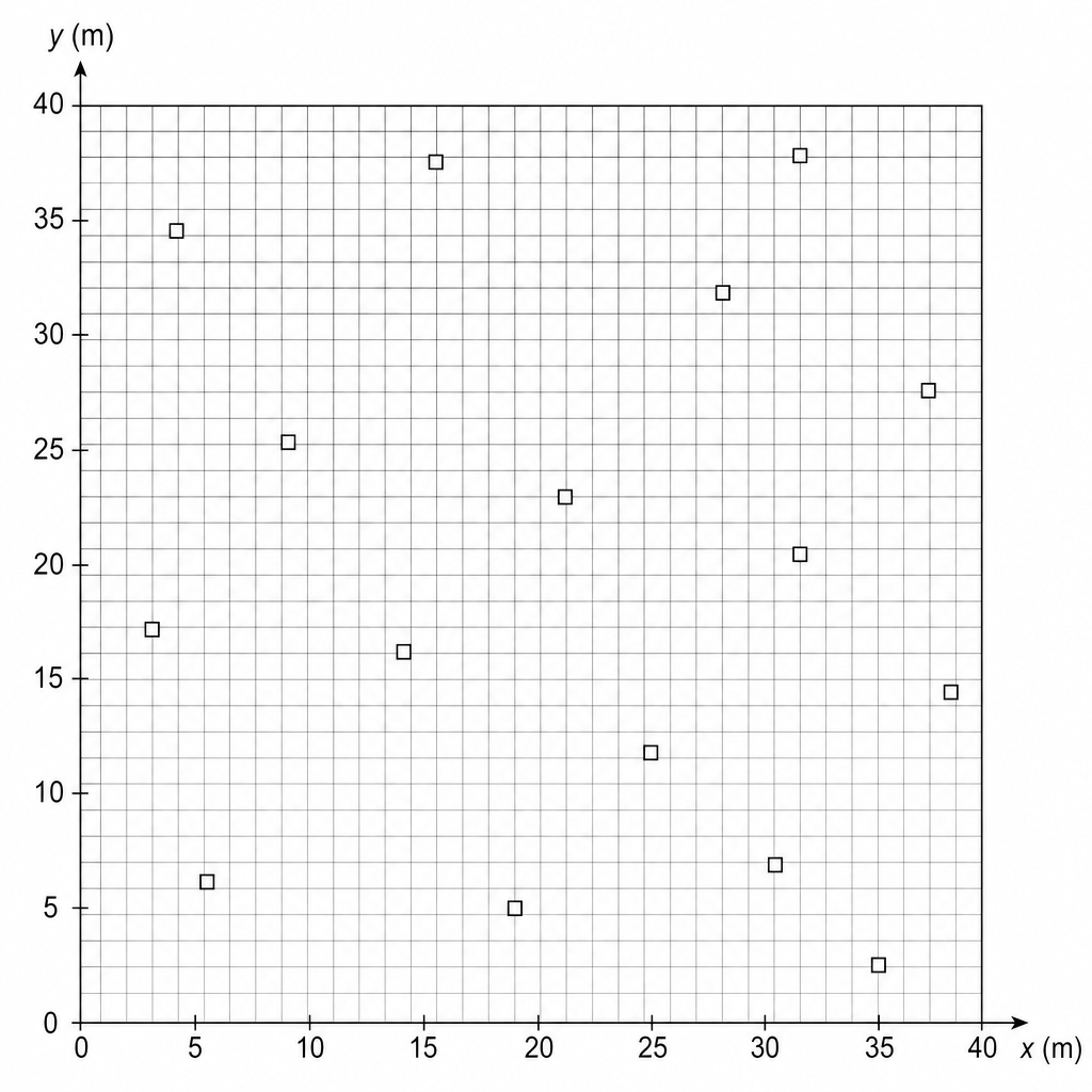 A coordinate grid representing a peat bog area measuring 40 meters by 40 meters, defined by two tape measures as axes. Within this grid, 16 small squares representing quadrats are randomly scattered across the entire area.
