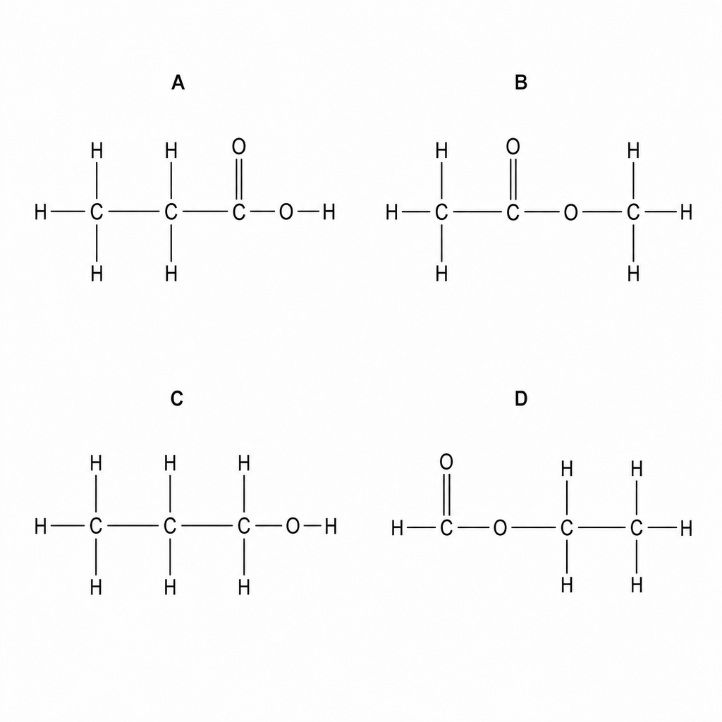 Organic chemical structures labeled A, B, C, and D