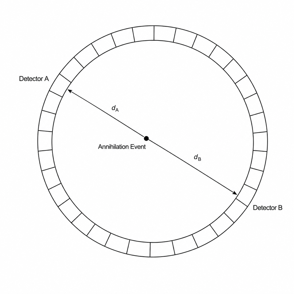 Figure 1: Schematic of a TOF-PET scan showing an off-centre annihilation event and two opposing detectors, A and B.