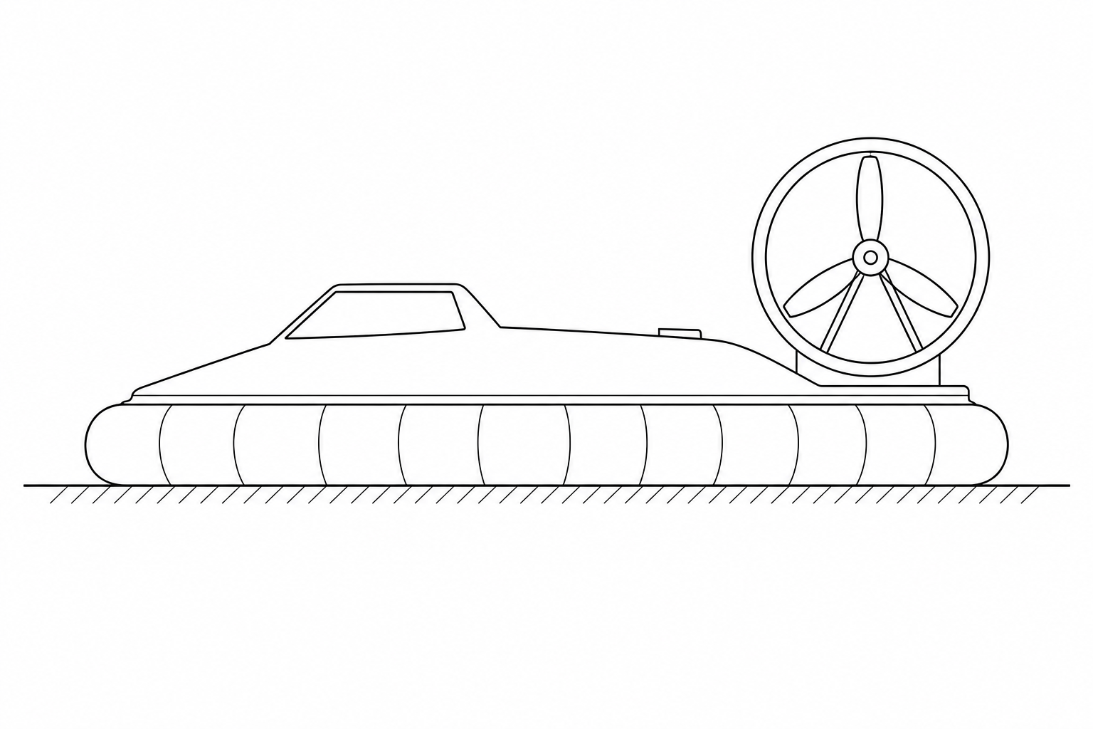 A line drawing of a model hovercraft resting on a flat surface with a large propeller fan mounted at the rear inside a protective circular shroud.