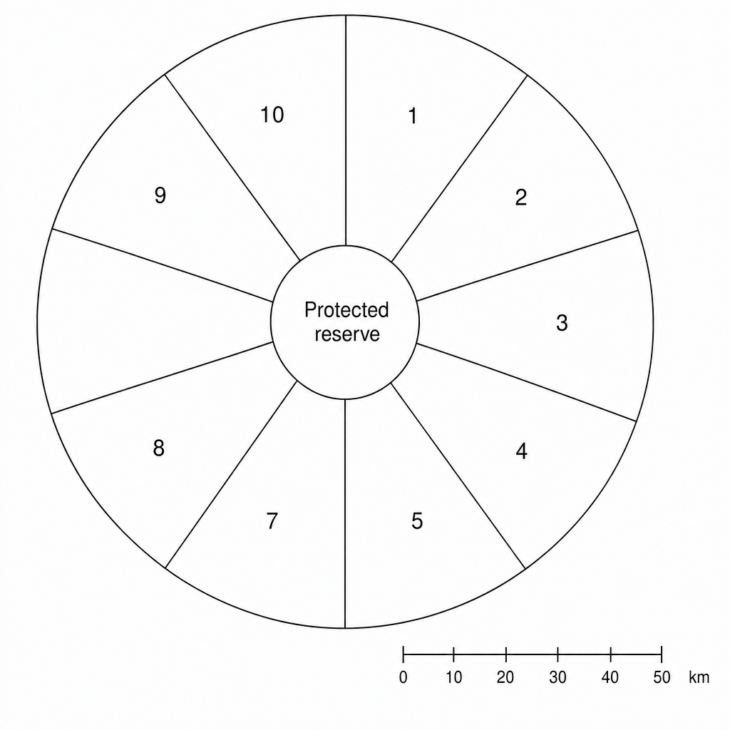 A map of a circular-shaped managed forest divided into 10 equal wedge-shaped sectors, labeled 1 to 10, radiating outwards from a central circular zone labeled 'Protected reserve'. A scale bar at the bottom right indicates 0 to 50 km.